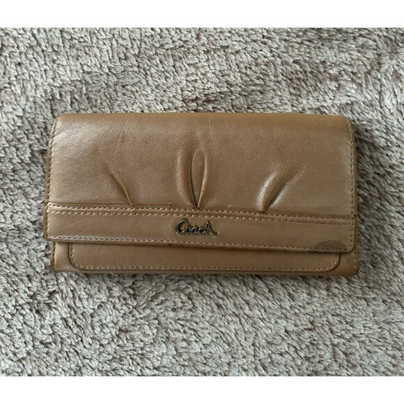 Coach Women’s Wallet Trifold Leather Solid Beige Button Shut - Picture 2 of 14